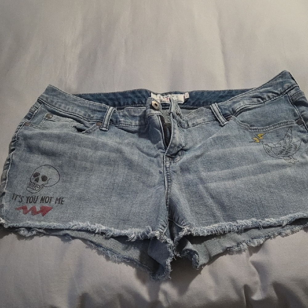 Torrid Blue Jean Shorts with Distressed Hem and Embroidery